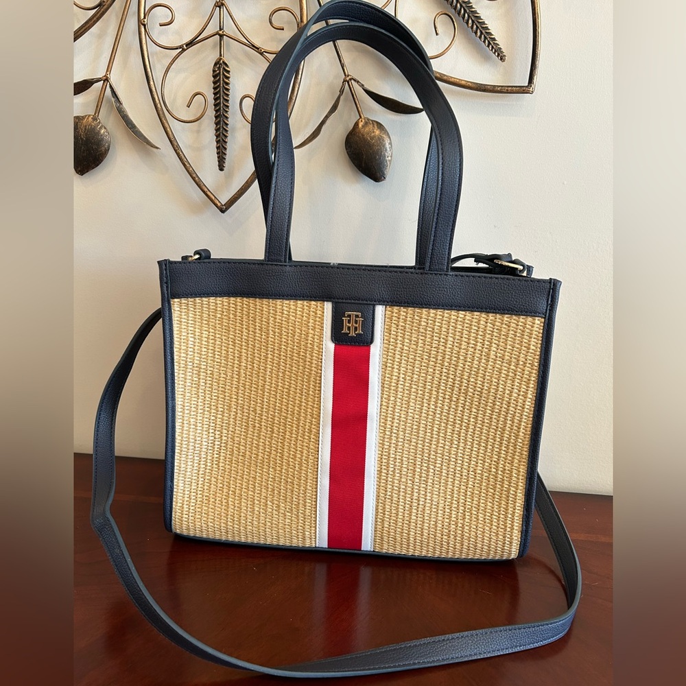 Tommy Hilfiger Blue and Tan Woven Tote with Red Stripe